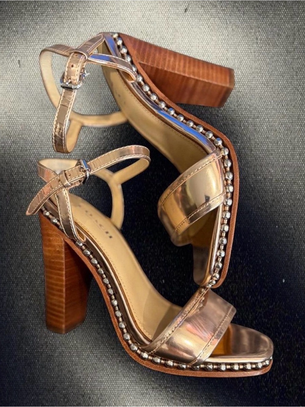 Coach-Metallic Rose Gold Block Heel Sandals with Stud Trim